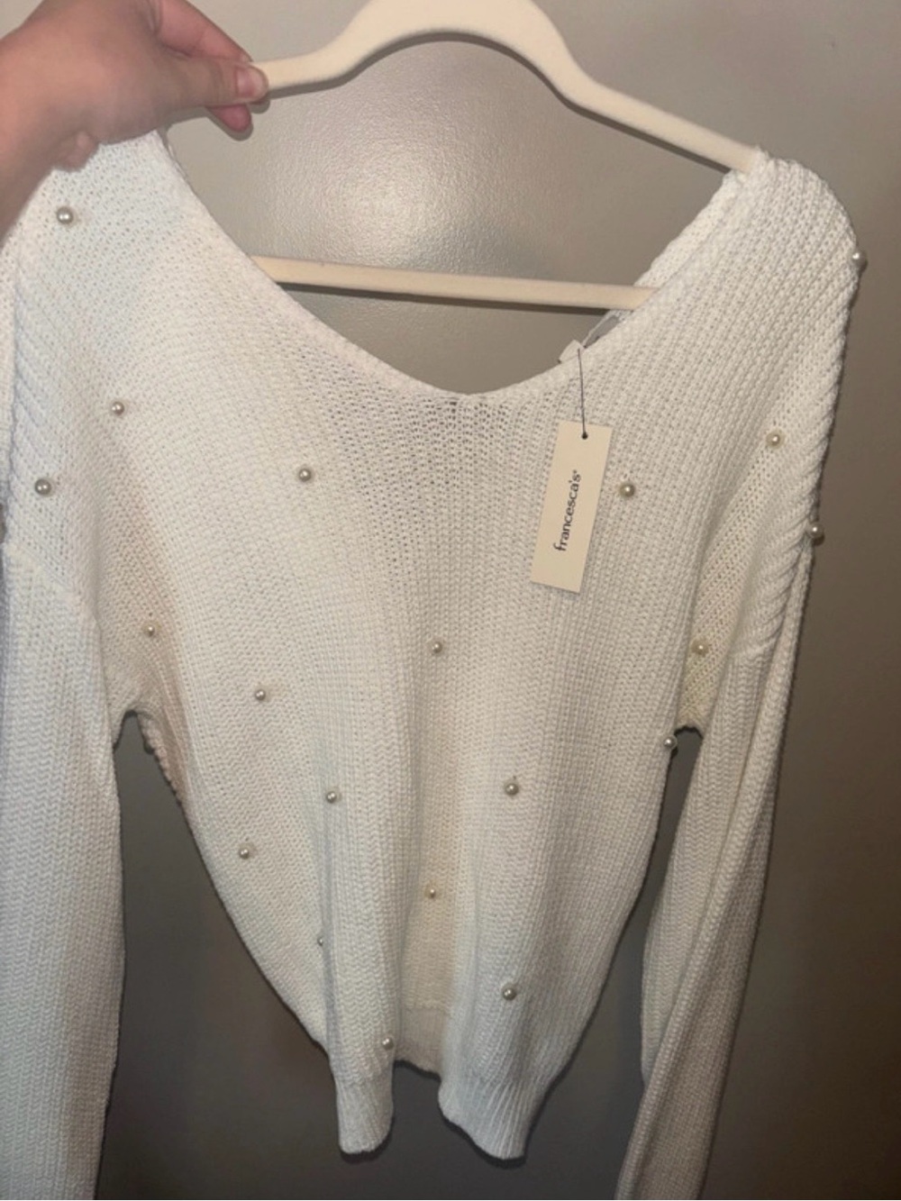 Francesca's Collections Cream Pearl-Accent Scoop Neck Sweater